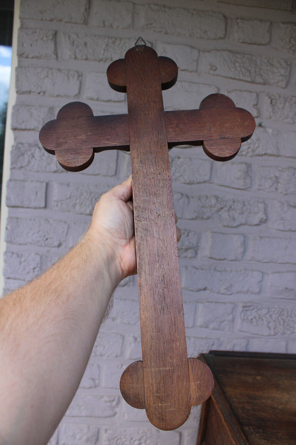 Antique wood carved crucifix text lord have mercy on us dutch