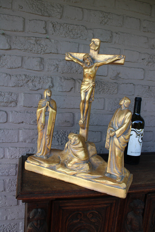 Antique XL Ceramic calvary crucifix group religious statue sculpture