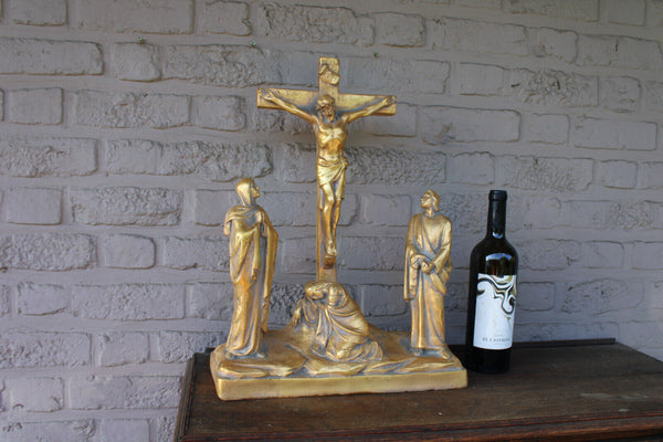 Antique XL Ceramic calvary crucifix group religious statue sculpture