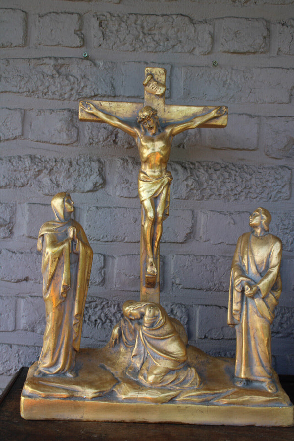 Antique XL Ceramic calvary crucifix group religious statue sculpture