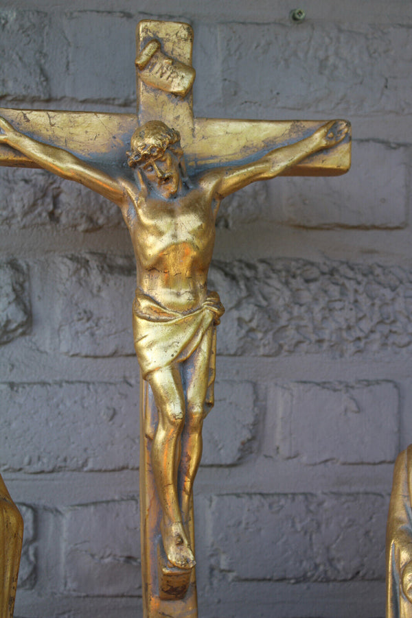 Antique XL Ceramic calvary crucifix group religious statue sculpture