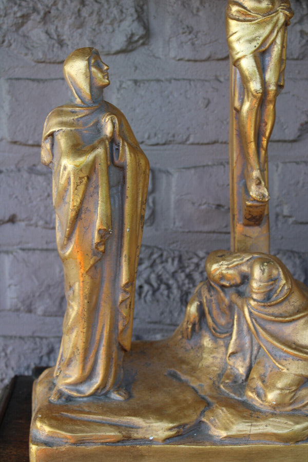 Antique XL Ceramic calvary crucifix group religious statue sculpture