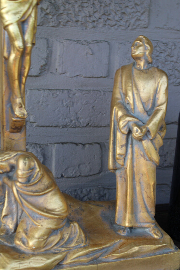 Antique XL Ceramic calvary crucifix group religious statue sculpture