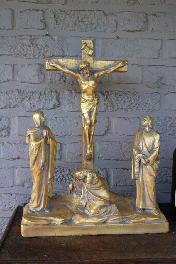 Antique XL Ceramic calvary crucifix group religious statue sculpture