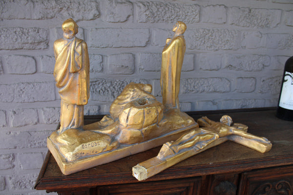 Antique XL Ceramic calvary crucifix group religious statue sculpture