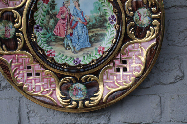 Antique Belgian Becquet faience XL victorian medaillon wall plate signed