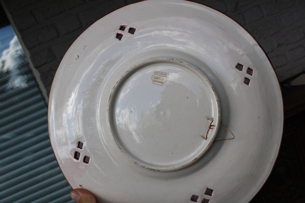 Antique Belgian Becquet faience XL victorian medaillon wall plate signed