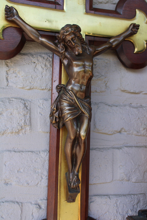 Antique XL bronze wood crucifix fleur de lys religious