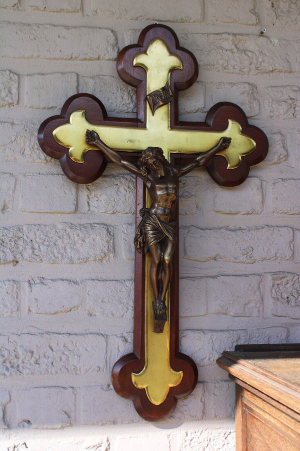 Antique XL bronze wood crucifix fleur de lys religious