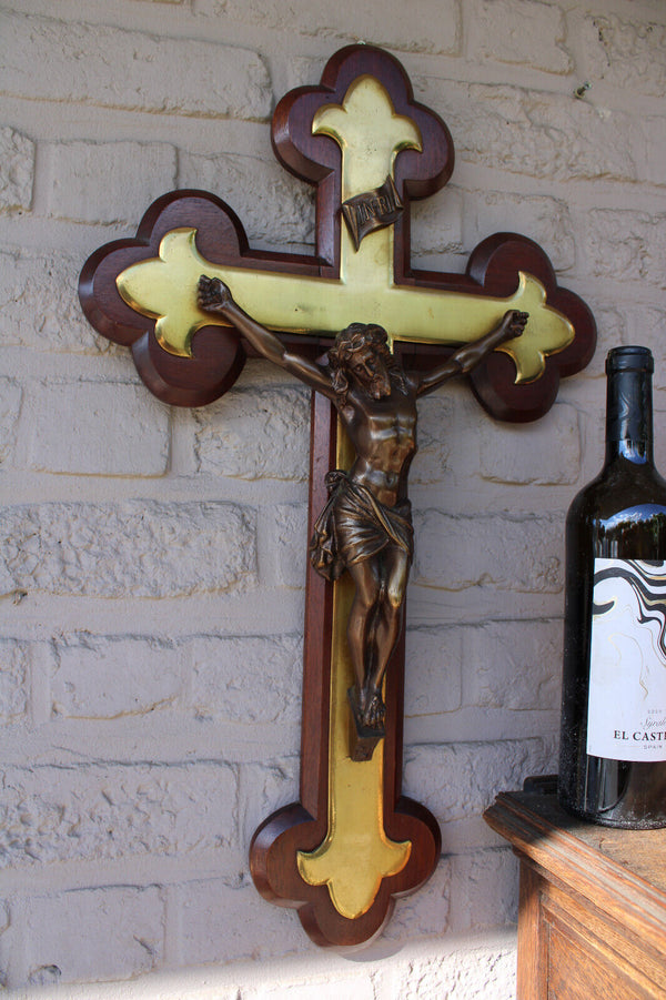Antique XL bronze wood crucifix fleur de lys religious