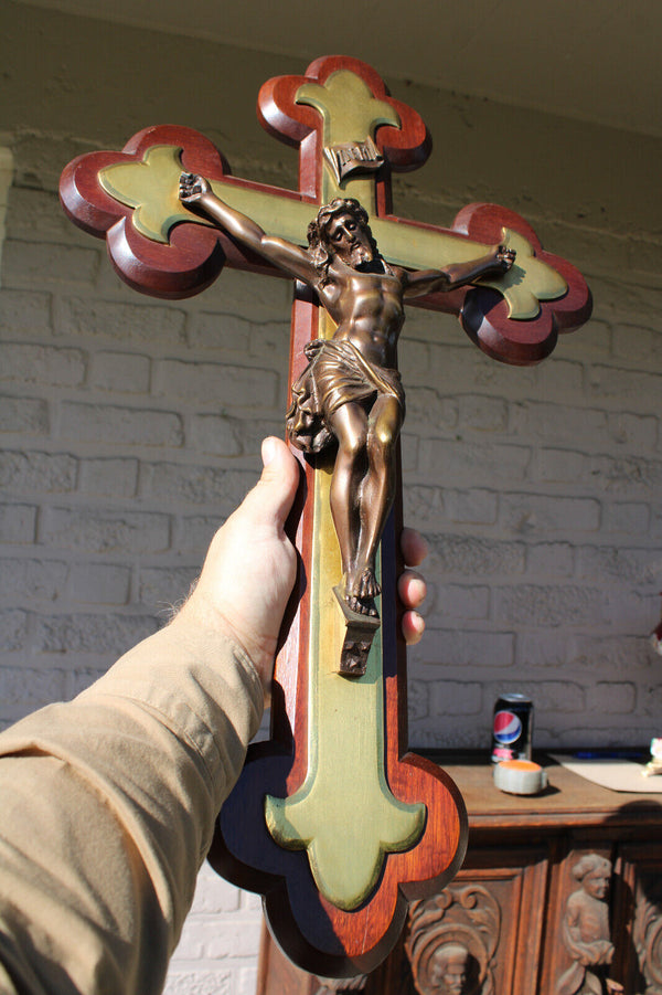 Antique XL bronze wood crucifix fleur de lys religious