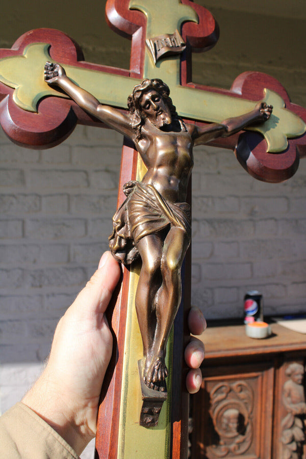 Antique XL bronze wood crucifix fleur de lys religious