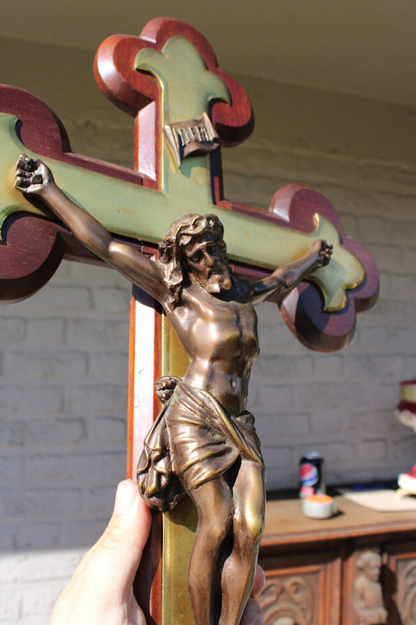 Antique XL bronze wood crucifix fleur de lys religious