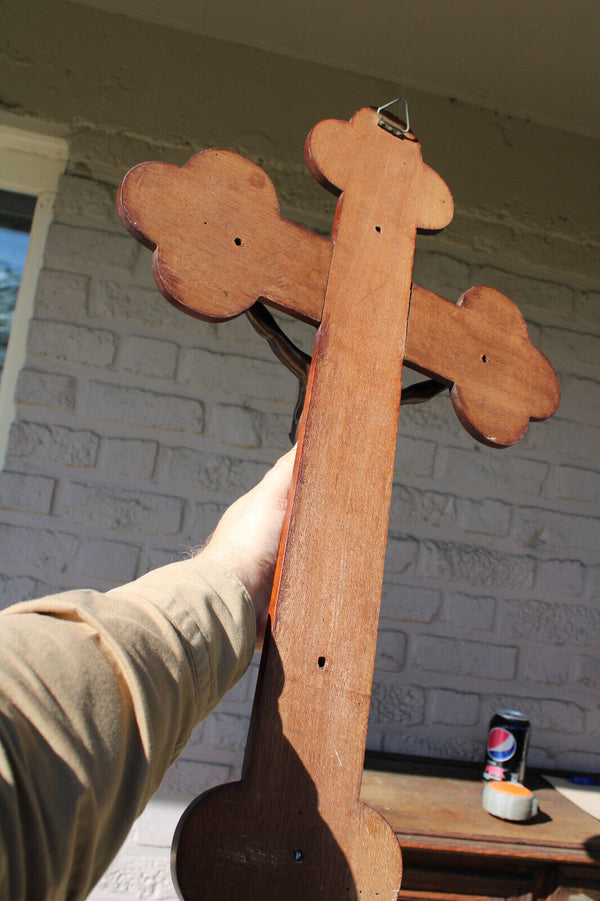 Antique XL bronze wood crucifix fleur de lys religious