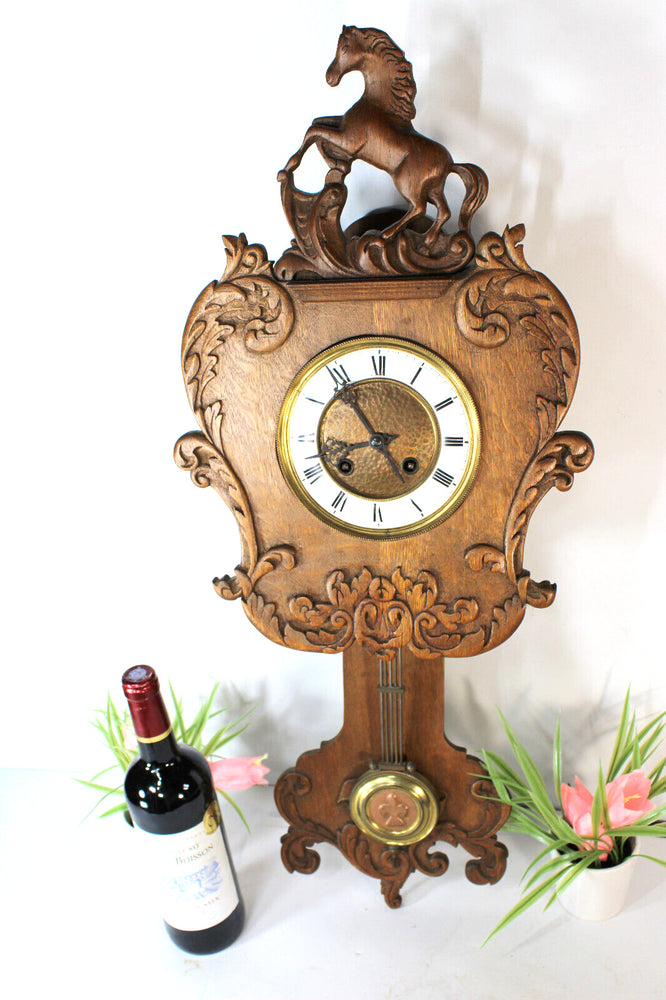 Vintage 1960 wood carved horse regulator wall clock