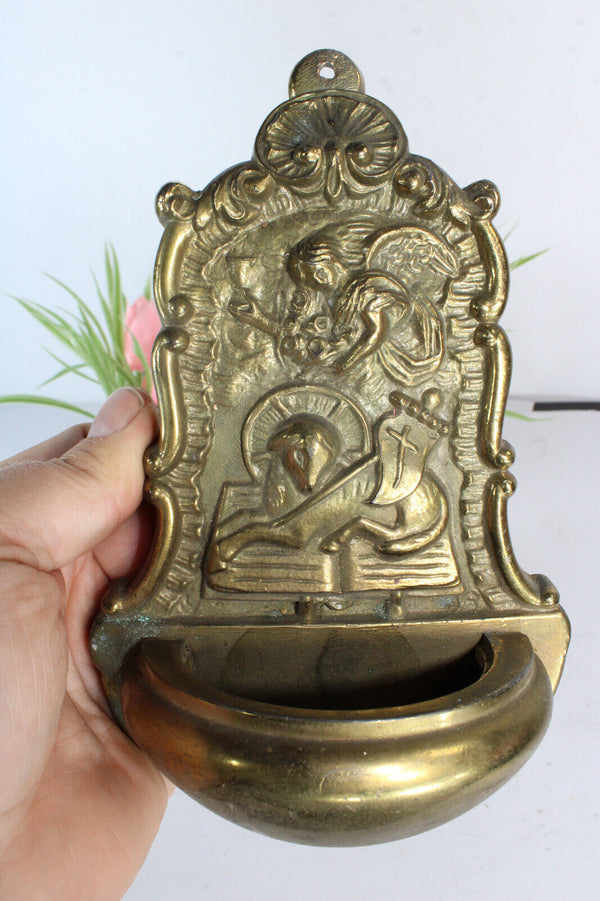 Antique metal gold gilt lamb of gold angel holy water font religious