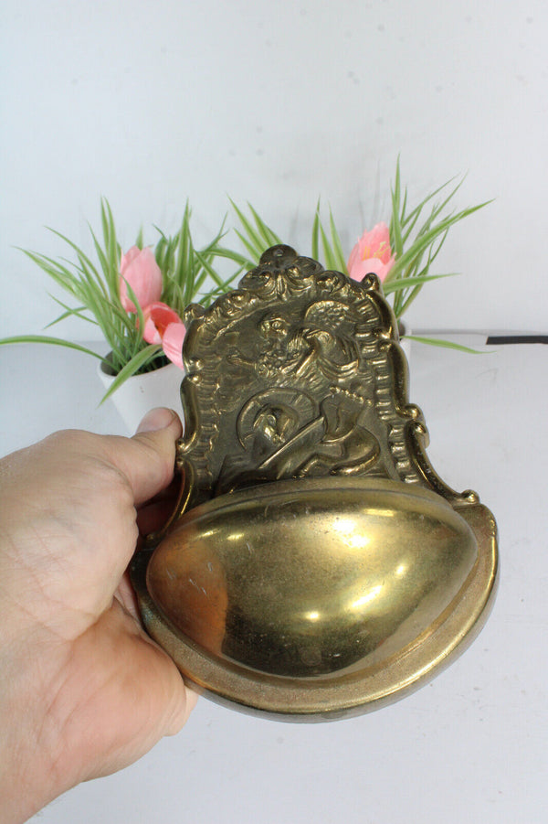 Antique metal gold gilt lamb of gold angel holy water font religious