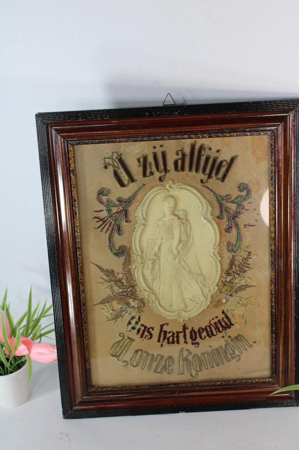 Antique religious embroidery wax mdaillon wall plaque