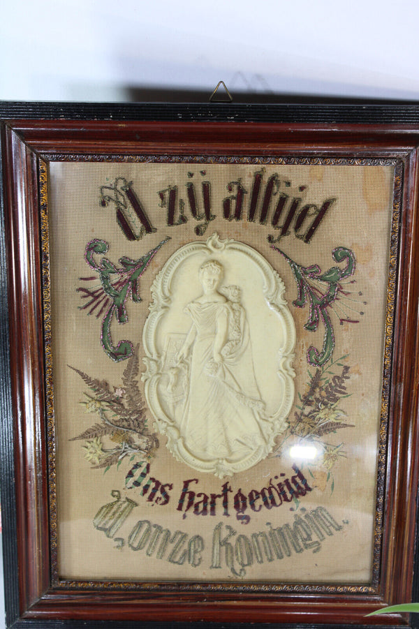 Antique religious embroidery wax mdaillon wall plaque