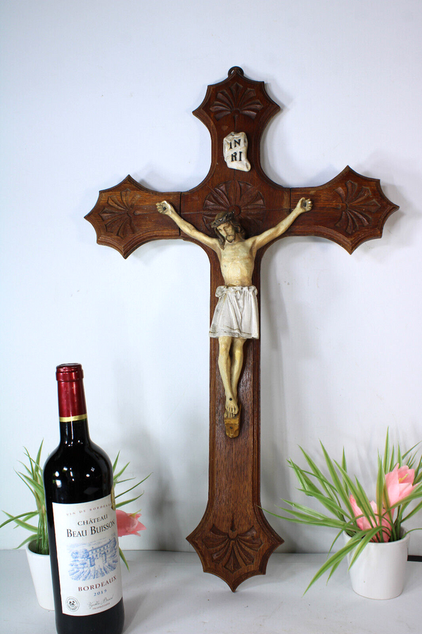 Antique wood crucifix ceramic chalk christ corpus religious cross