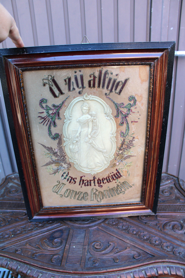 Antique religious embroidery wax mdaillon wall plaque