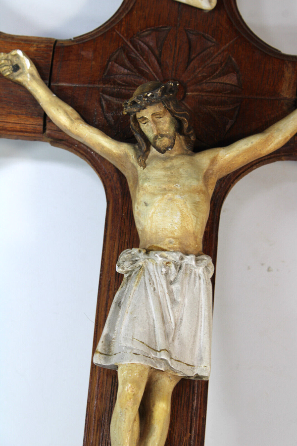 Antique wood crucifix ceramic chalk christ corpus religious cross