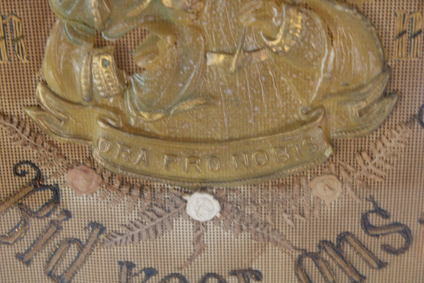 Antique religious embroidery wax saint joseph wall plaque