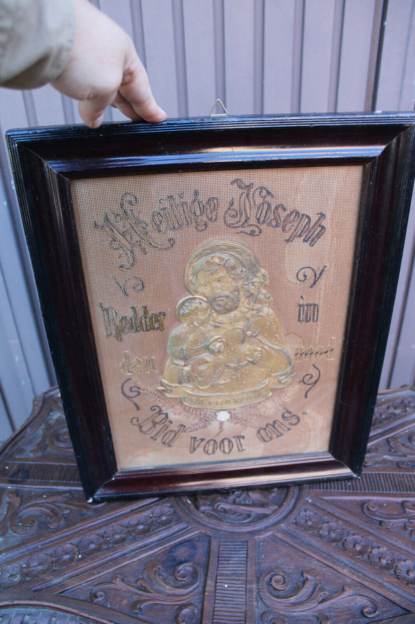 Antique religious embroidery wax saint joseph wall plaque