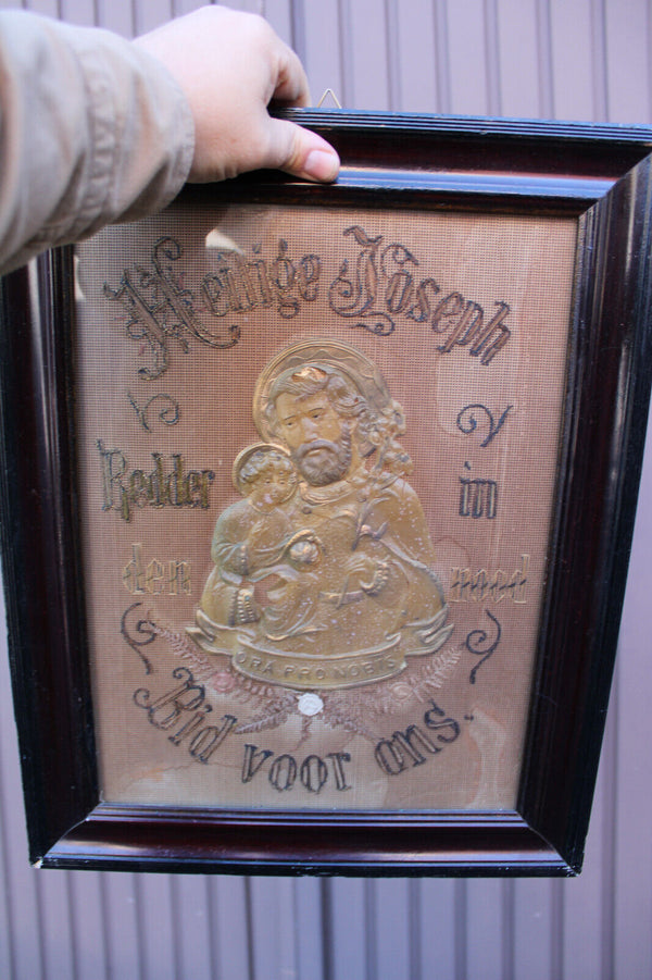 Antique religious embroidery wax saint joseph wall plaque
