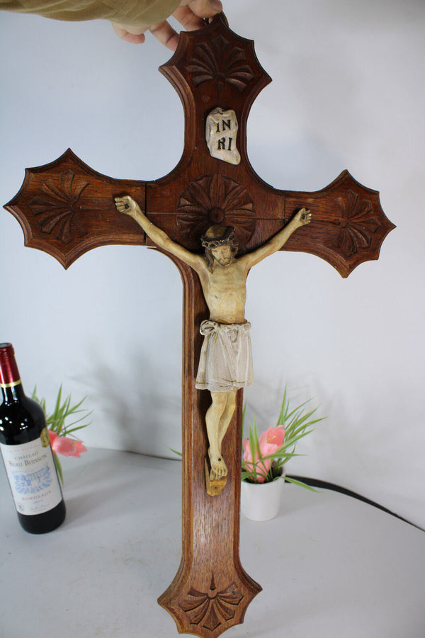 Antique wood crucifix ceramic chalk christ corpus religious cross