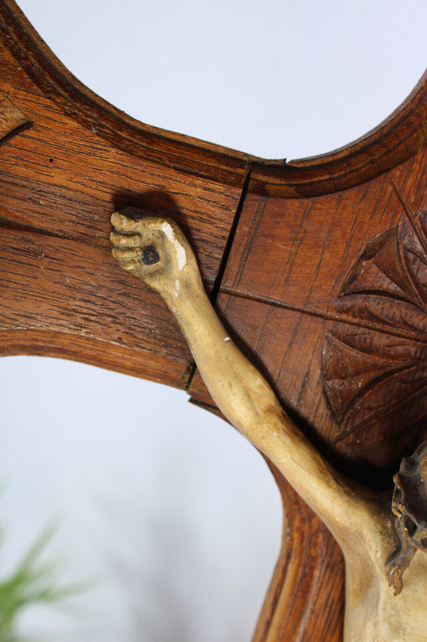 Antique wood crucifix ceramic chalk christ corpus religious cross