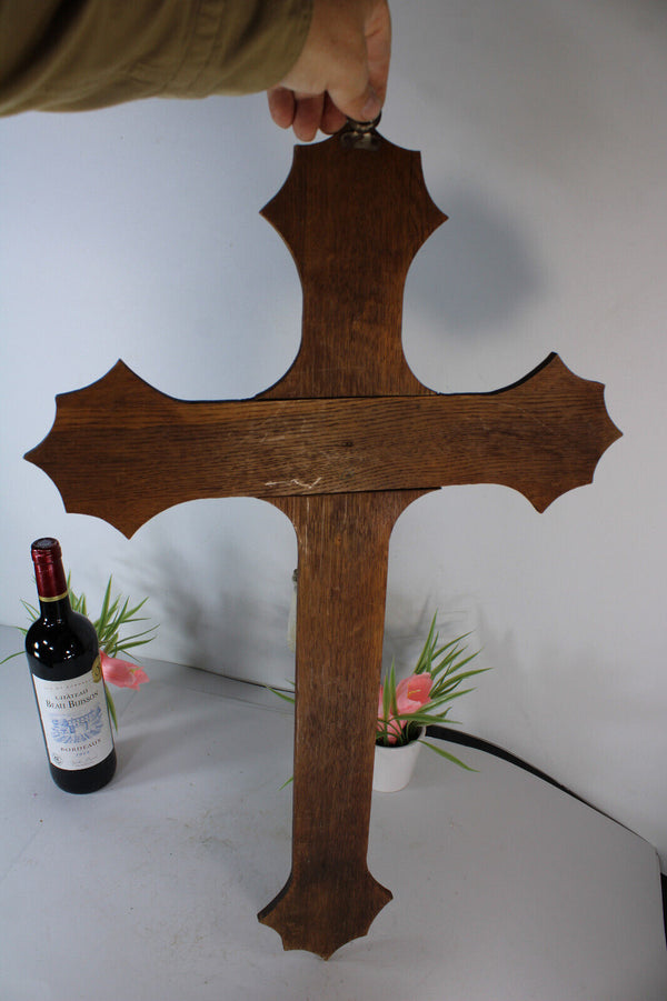 Antique wood crucifix ceramic chalk christ corpus religious cross