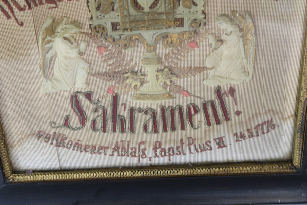 Antique religious embroidery wax monstrance angels wall plaque