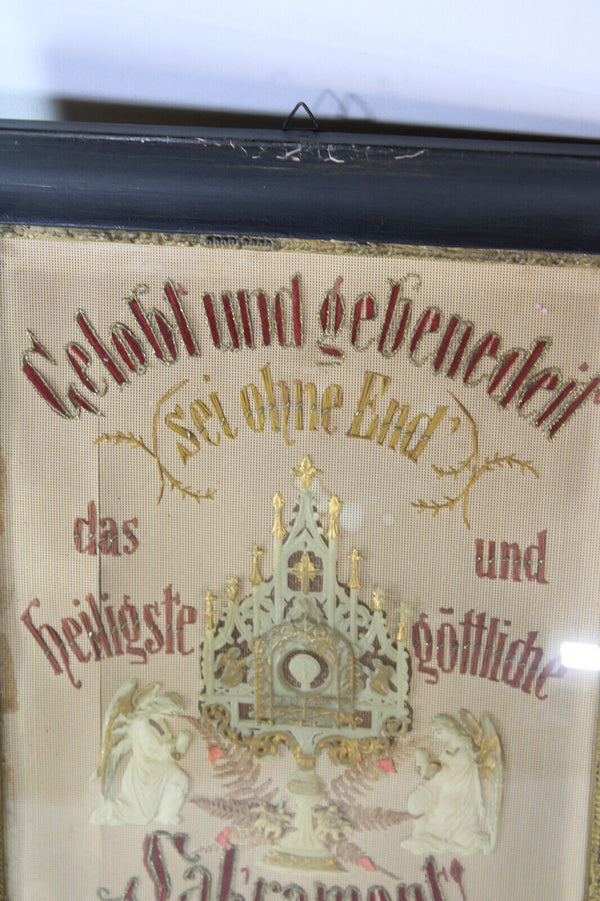 Antique religious embroidery wax monstrance angels wall plaque