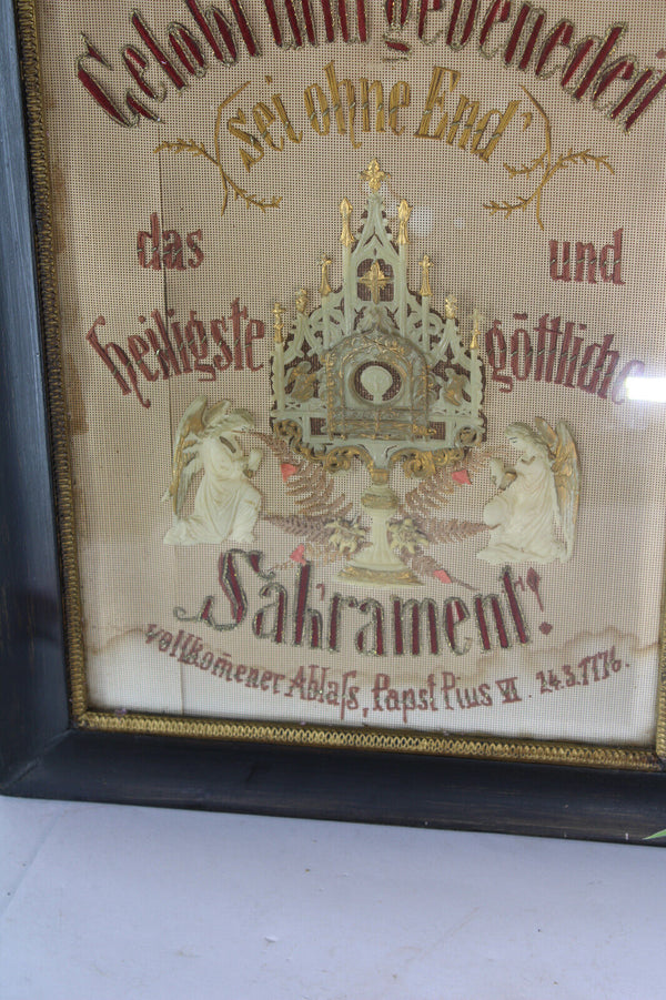 Antique religious embroidery wax monstrance angels wall plaque