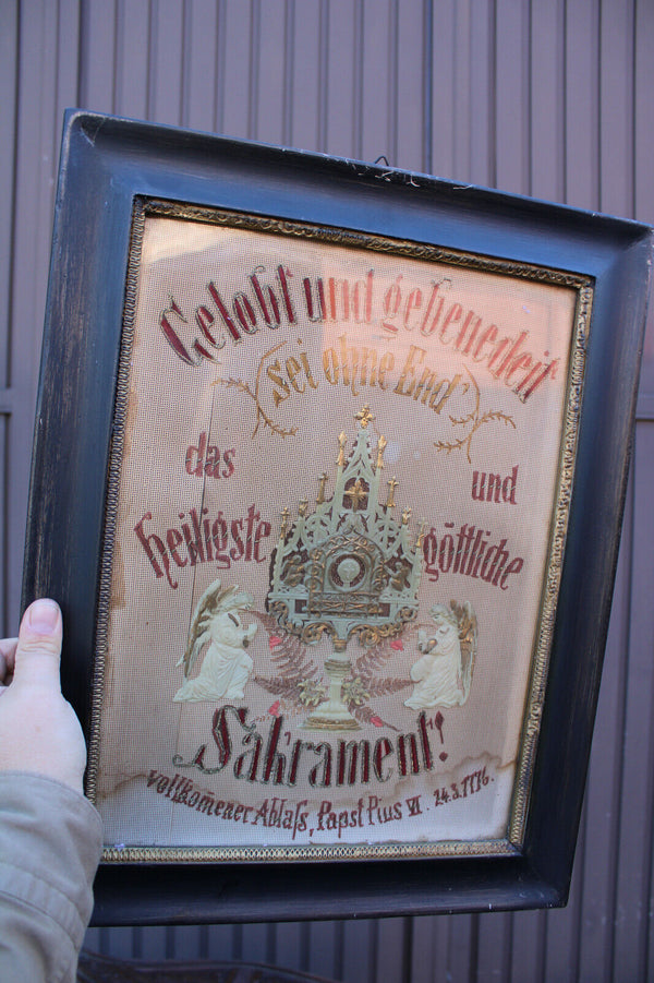 Antique religious embroidery wax monstrance angels wall plaque