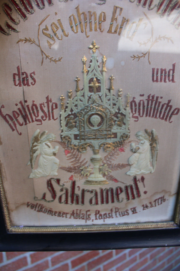 Antique religious embroidery wax monstrance angels wall plaque