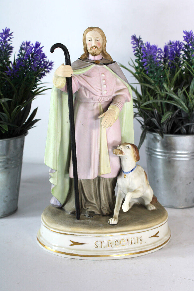 Antique 19thc vieux paris porcelain rare statue of saint roch with dog religious