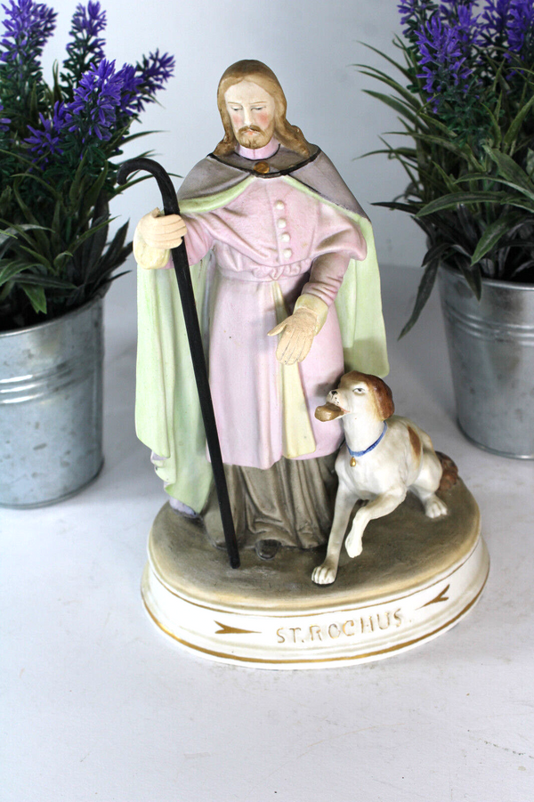 Antique 19thc vieux paris porcelain rare statue of saint roch with dog religious