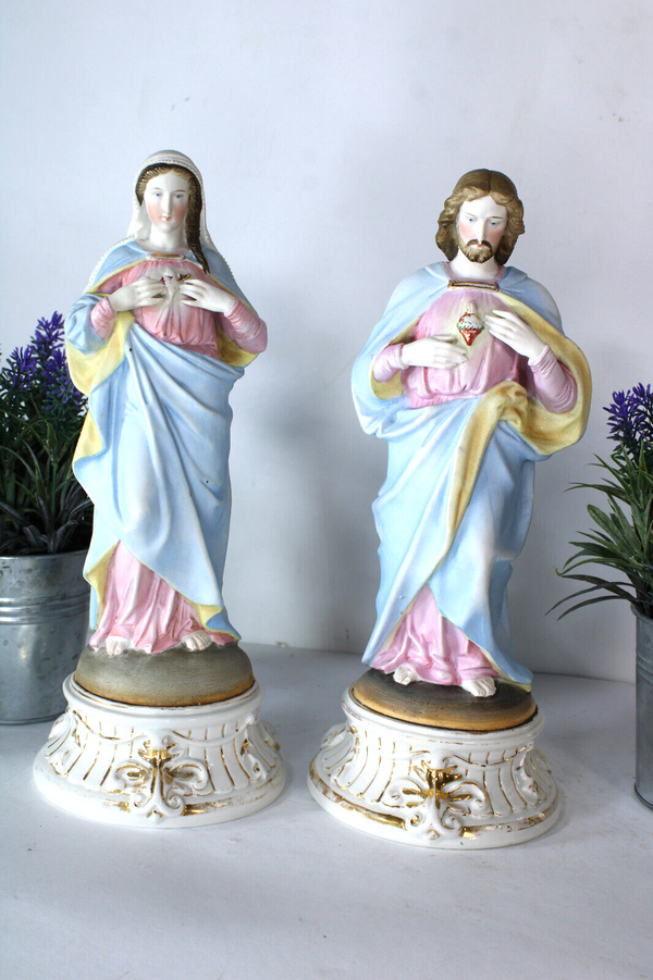 Antique 19thc vieux andenne porcelain bisque sacred heart mary jesus statue rare