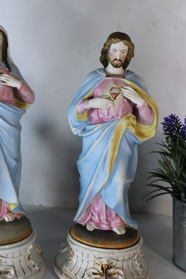 Antique 19thc vieux andenne porcelain bisque sacred heart mary jesus statue rare