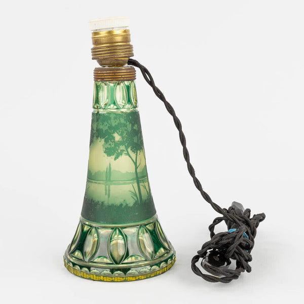 Rare antique Val saint lambert green marked crystal glass vase lamp acid etched