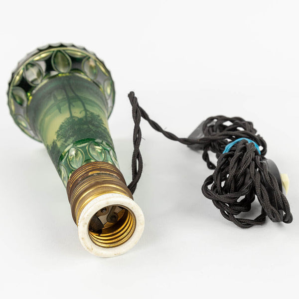 Rare antique Val saint lambert green marked crystal glass vase lamp acid etched