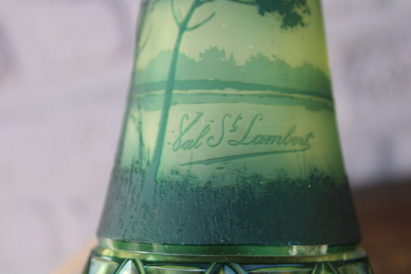 Rare antique Val saint lambert green marked crystal glass vase lamp acid etched