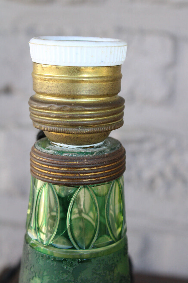 Rare antique Val saint lambert green marked crystal glass vase lamp acid etched