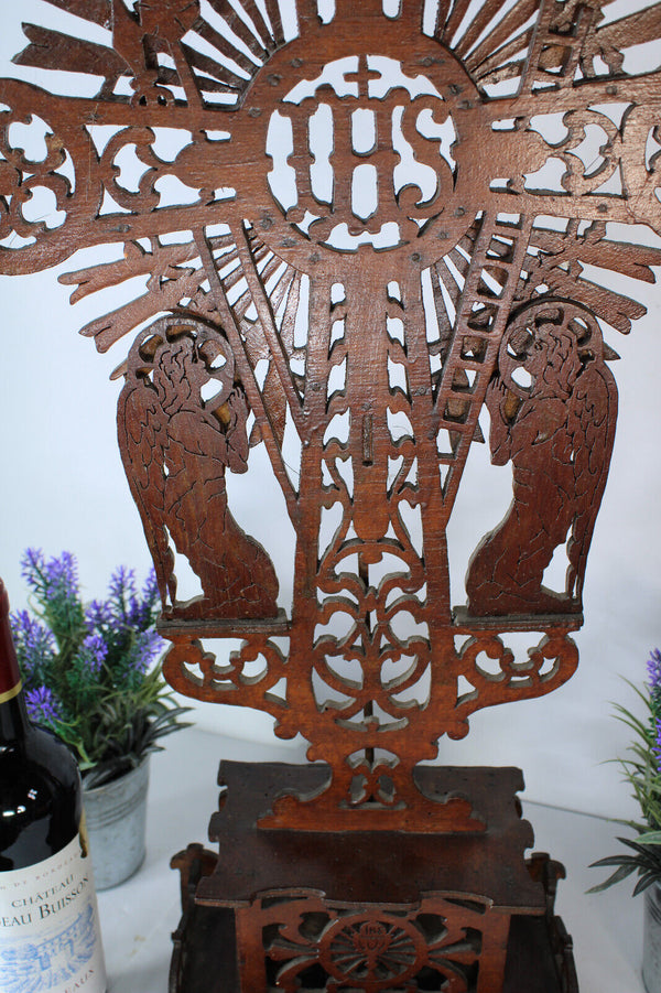 Antique wood cut religious crucifix archangels angels