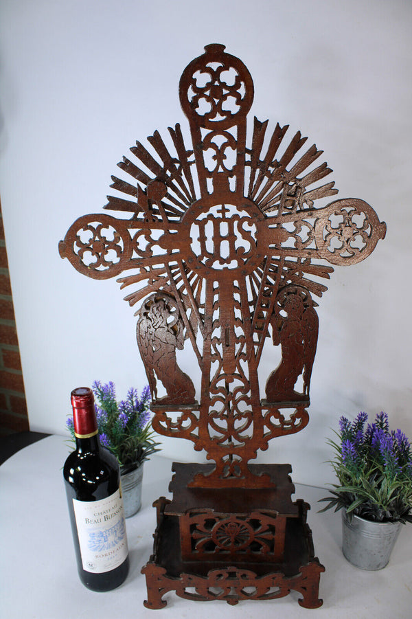 Antique wood cut religious crucifix archangels angels