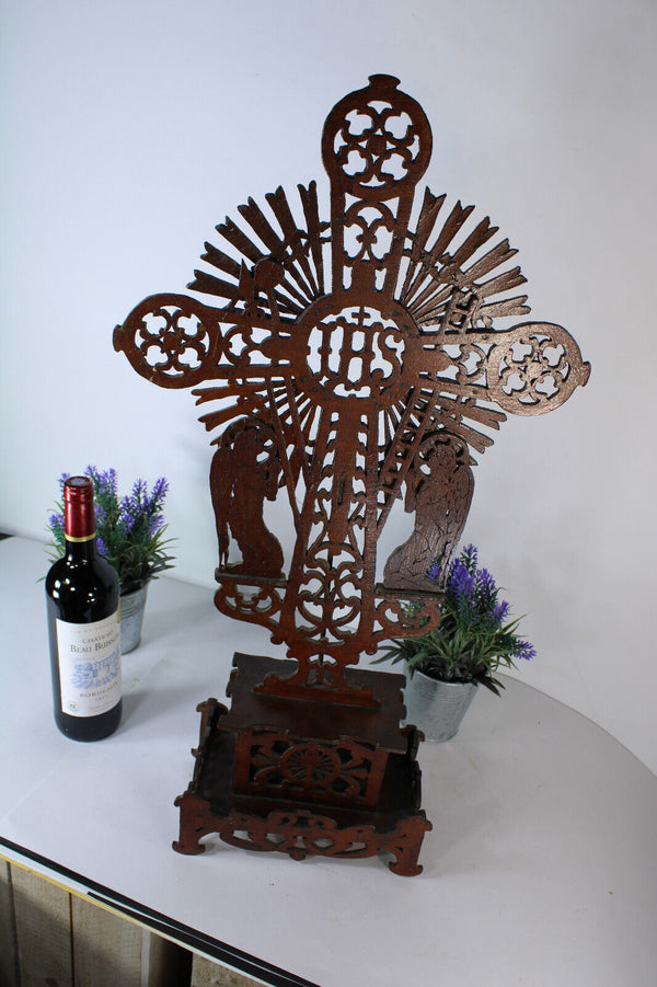 Antique wood cut religious crucifix archangels angels