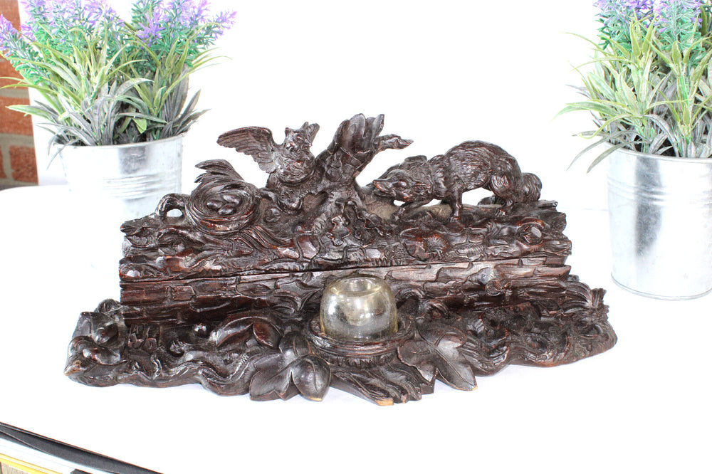 Antique 19thc black forest swiss wood carved desk inwell owl fox rare