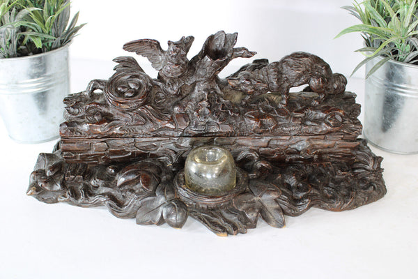 Antique 19thc black forest swiss wood carved desk inwell owl fox rare